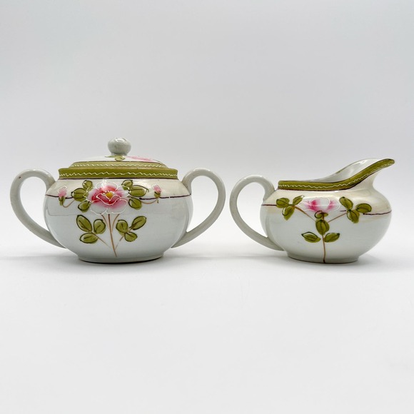 Antique Nippon Hand Painted Cream and Sugar Floral Rose w Moriage Pink Green - Picture 10 of 12